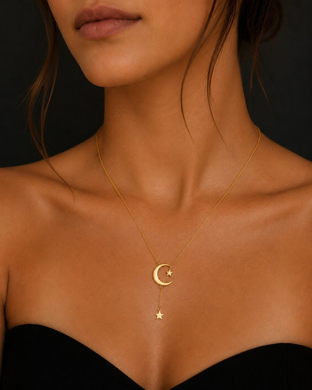 Close-up of the crescent and star details on the Moon and Star Pendant Necklace
