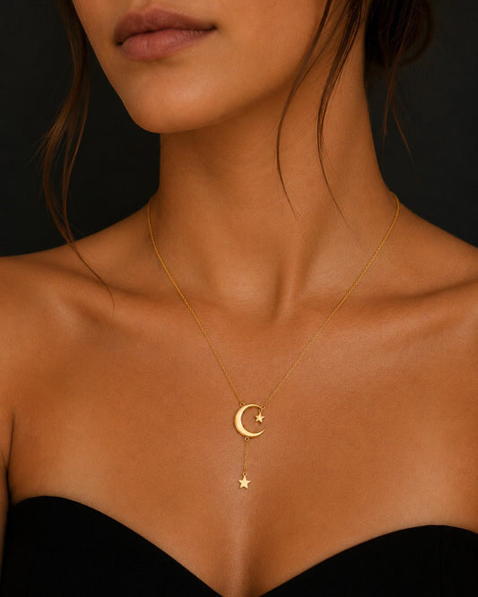 Close-up of the crescent and star details on the Moon and Star Pendant Necklace