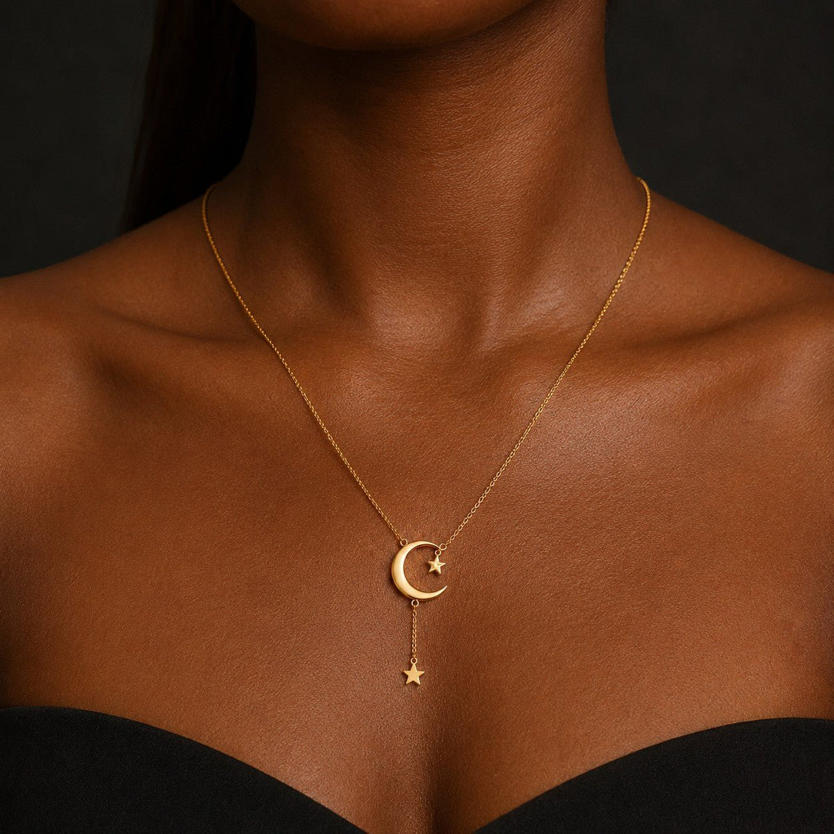 Moon and Star Pendant Necklace styled for an elegant everyday jewellery look